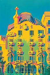 Midjourney generated image using SREF code Psycoloric Bloom: A colorful building with a clock tower on top of it.