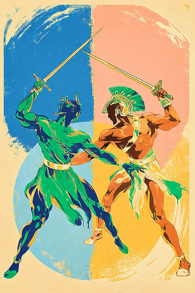Midjourney generated image using SREF code Psycoloric Bloom: A couple of men are fighting with swords in their hands.
