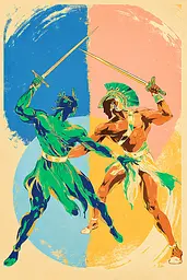 Midjourney generated image using SREF code Psycoloric Bloom: A couple of men are fighting with swords in their hands.
