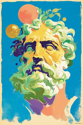 Midjourney generated image using SREF code Psycoloric Bloom: A painting of a man with a beard and a wreath on his head.
