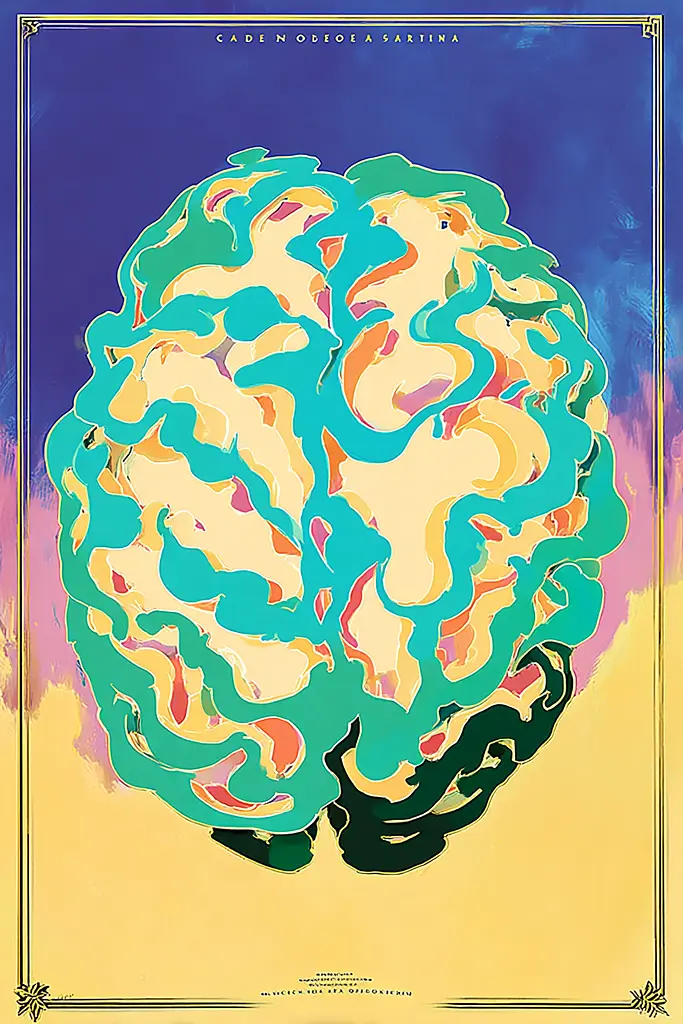 Midjourney generated image using SREF code Psycoloric Bloom: A colorful poster of a brain on a yellow background.