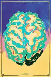 Midjourney generated image using SREF code Psycoloric Bloom: A colorful poster of a brain on a yellow background.