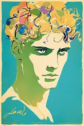 Midjourney generated image using SREF code Psycoloric Bloom: A painting of a man with curly hair on his head.
