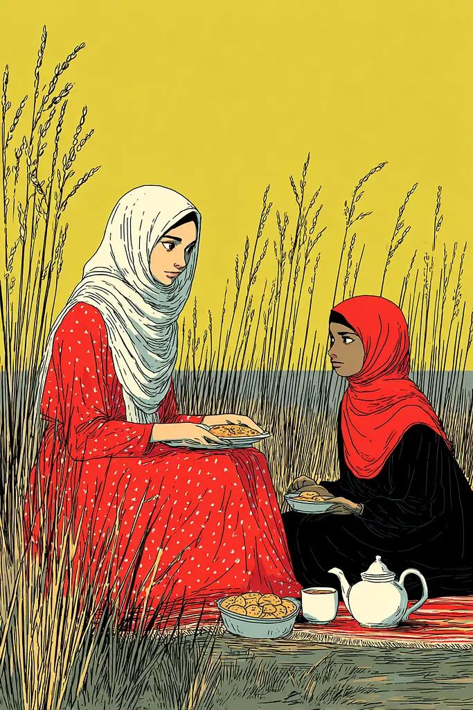 Midjourney generated image using SREF code , , , , , , , , , , : Two women sitting in a field eating food.