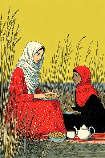 Midjourney generated image using SREF code , , , , , , , , , , : Two women sitting in a field eating food.