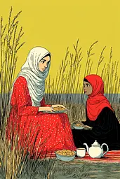 Midjourney generated image using SREF code , , , , , , , , , , : Two women sitting in a field eating food.