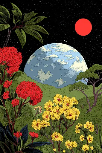 Midjourney generated image using SREF code , , , , , , , , , , : A field of flowers with a planet in the background.