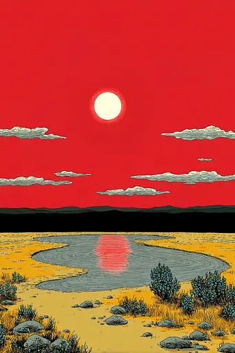 Midjourney generated image using SREF code , , , , , , , , , , : A red sky with a lake in the middle of it.