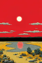 Midjourney generated image using SREF code , , , , , , , , , , : A red sky with a lake in the middle of it.