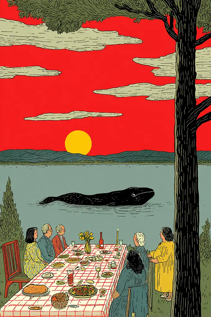 Midjourney generated image using SREF code , , , , , , , , , , : A group of people sitting around a table with a whale in the background.
