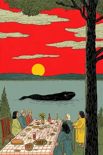 Midjourney generated image using SREF code , , , , , , , , , , : A group of people sitting around a table with a whale in the background.