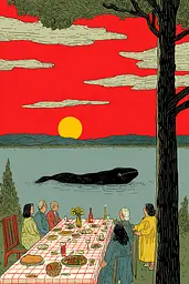 Midjourney generated image using SREF code , , , , , , , , , , : A group of people sitting around a table with a whale in the background.