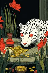 Midjourney generated image using SREF code , , , , , , , , , , : A leopard laying on top of a table next to a bowl of gold coins.