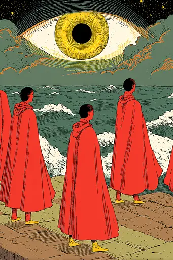 Midjourney generated image using SREF code , , , , , , , , , , : A group of people in red robes standing in front of a large eye.