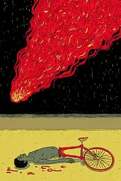 Midjourney generated image using SREF code , , , , , , , , , , : A man laying on the ground next to a red bike.