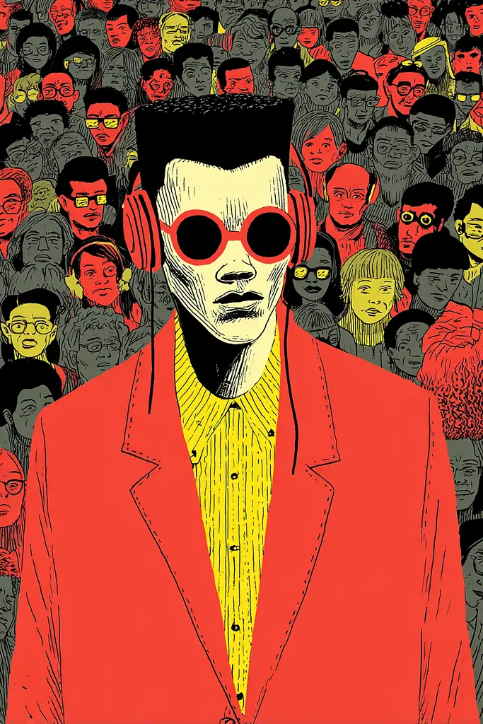 Midjourney generated image using SREF code , , , , , , , , , , : A man in a red jacket and sunglasses standing in front of a crowd of people.
