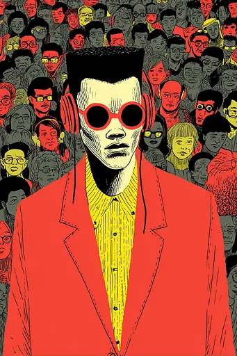 Midjourney generated image using SREF code , , , , , , , , , , : A man in a red jacket and sunglasses standing in front of a crowd of people.