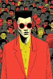 Midjourney generated image using SREF code , , , , , , , , , , : A man in a red jacket and sunglasses standing in front of a crowd of people.