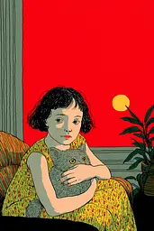Midjourney generated image using SREF code , , , , , , , , , , : A little girl sitting on a couch holding a cat.