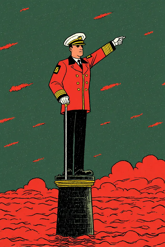 Midjourney generated image using SREF code , , , , , , , , , , : A man in a red uniform standing on top of a pedestal.