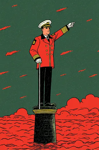 Midjourney generated image using SREF code , , , , , , , , , , : A man in a red uniform standing on top of a pedestal.