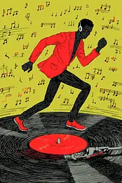 Midjourney generated image using SREF code , , , , , , , , , , : A man in a red jacket is playing a record on a turntable.