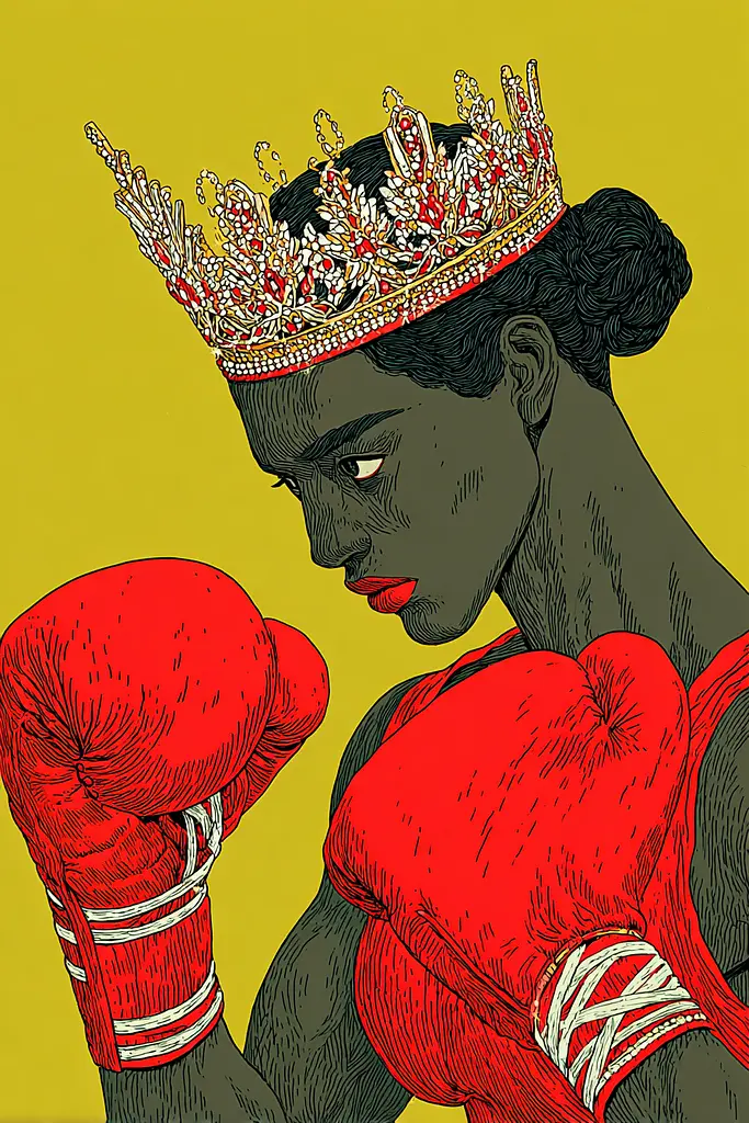 Midjourney generated image using SREF code , , , , , , , , , , : A woman wearing a crown and red boxing gloves.