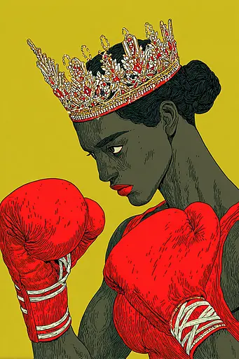 Midjourney generated image using SREF code , , , , , , , , , , : A woman wearing a crown and red boxing gloves.