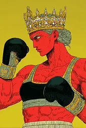 Midjourney generated image using SREF code , , , , , , , , , , : A woman wearing a crown and boxing gloves.
