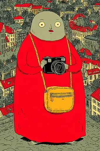 Midjourney generated image using SREF code , , , , , , , , , , : A woman in a red dress holding a camera.