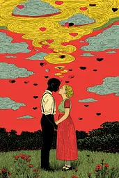 Midjourney generated image using SREF code , , , , , , , , , , : A man and woman standing in a field of flowers.