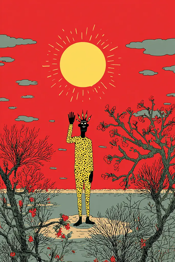 Midjourney generated image using SREF code , , , , , , , , , , : A man in a leopard print suit standing in front of a red sky.