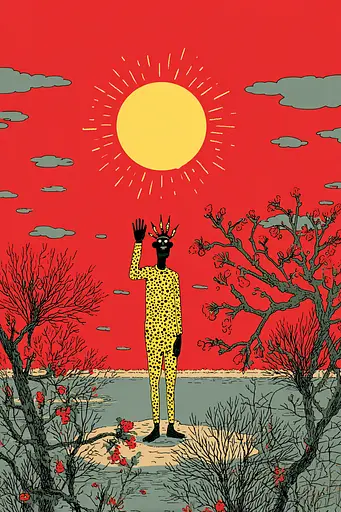 Midjourney generated image using SREF code , , , , , , , , , , : A man in a leopard print suit standing in front of a red sky.