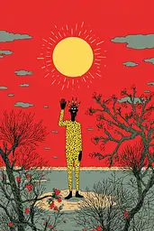 Midjourney generated image using SREF code , , , , , , , , , , : A man in a leopard print suit standing in front of a red sky.