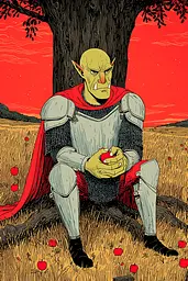 Midjourney generated image using SREF code , , , , , , , , , , : A man in armor sitting under a tree holding an apple.