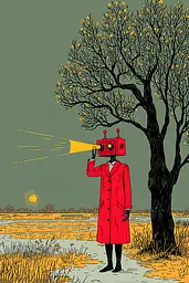 Midjourney generated image using SREF code , , , , , , , , , , : A man in a red coat with a red robot head on his head.