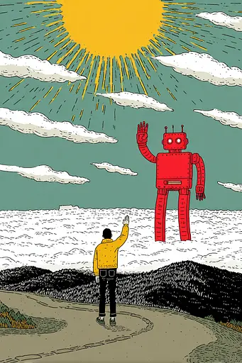 Midjourney generated image using SREF code , , , , , , , , , , : A man standing in front of a giant red robot.