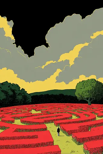 Midjourney generated image using SREF code , , , , , , , , , , : A man walking through a field of red flowers under a cloudy sky.