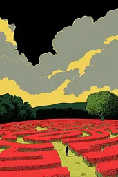 Midjourney generated image using SREF code , , , , , , , , , , : A man walking through a field of red flowers under a cloudy sky.