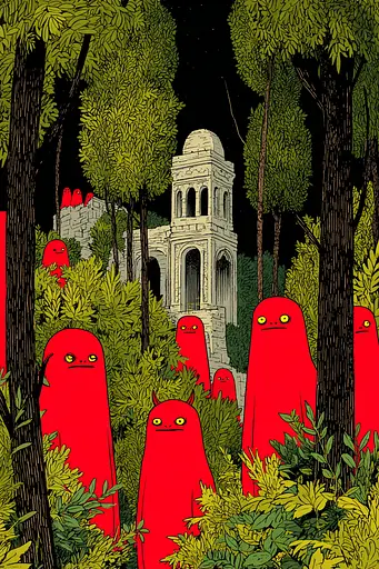 Midjourney generated image using SREF code , , , , , , , , , , : A group of red monsters in a forest with a church in the background.