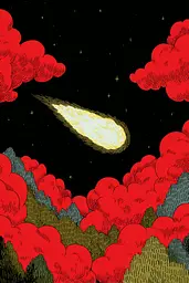Midjourney generated image using SREF code , , , , , , , , , , : A drawing of a comet flying through the sky.