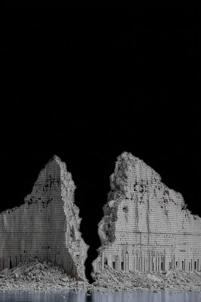 Midjourney generated image using SREF code Squelchloom: A black and white photo of a building that has been torn down.