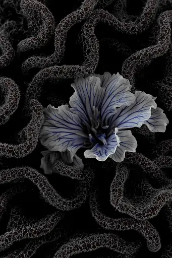 Midjourney generated image using SREF code Squelchloom: A black and white photo of a flower surrounded by tentacles.