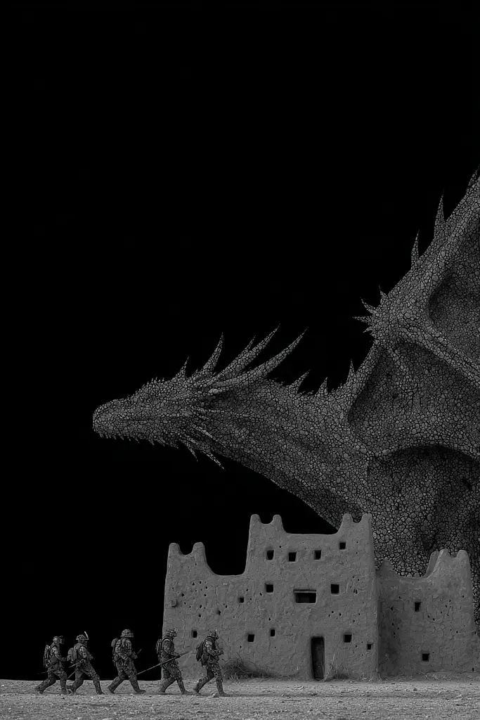 Midjourney generated image using SREF code Squelchloom: A group of people walking in front of a dragon statue.