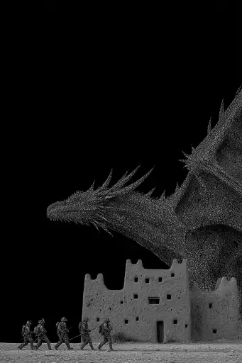 Midjourney generated image using SREF code Squelchloom: A group of people walking in front of a dragon statue.