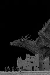 Midjourney generated image using SREF code Squelchloom: A group of people walking in front of a dragon statue.