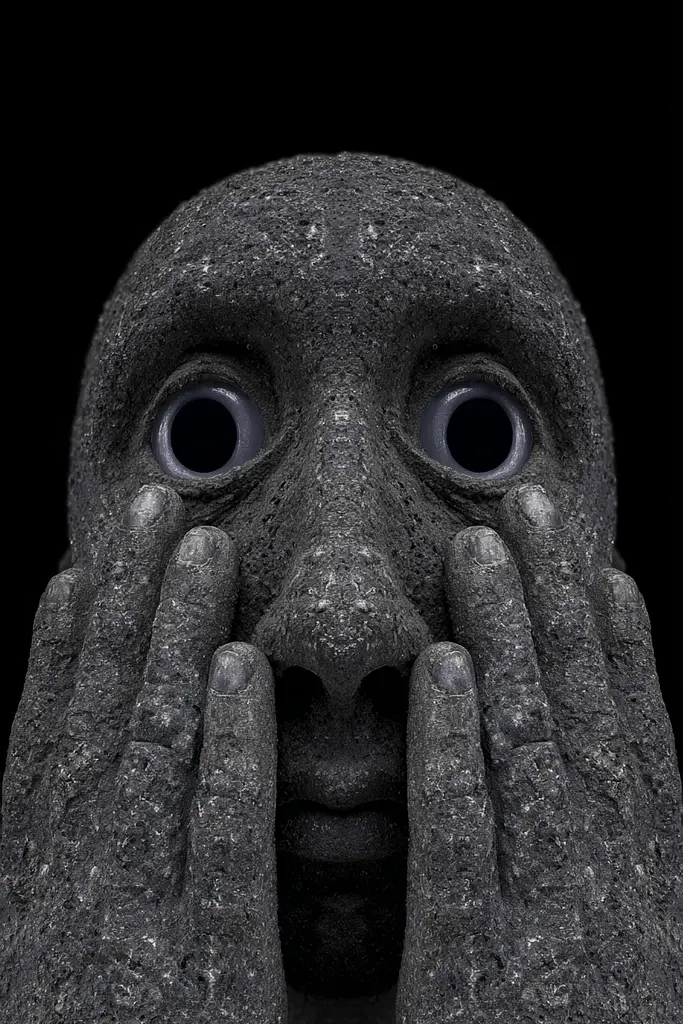 Midjourney generated image using SREF code Squelchloom: A stone statue with two hands covering its face.