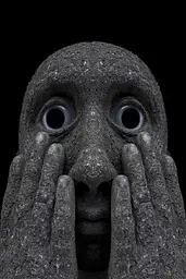 Midjourney generated image using SREF code Squelchloom: A stone statue with two hands covering its face.