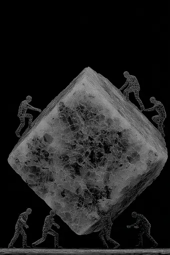 Midjourney generated image using SREF code Squelchloom: A group of people climbing up a large rock.