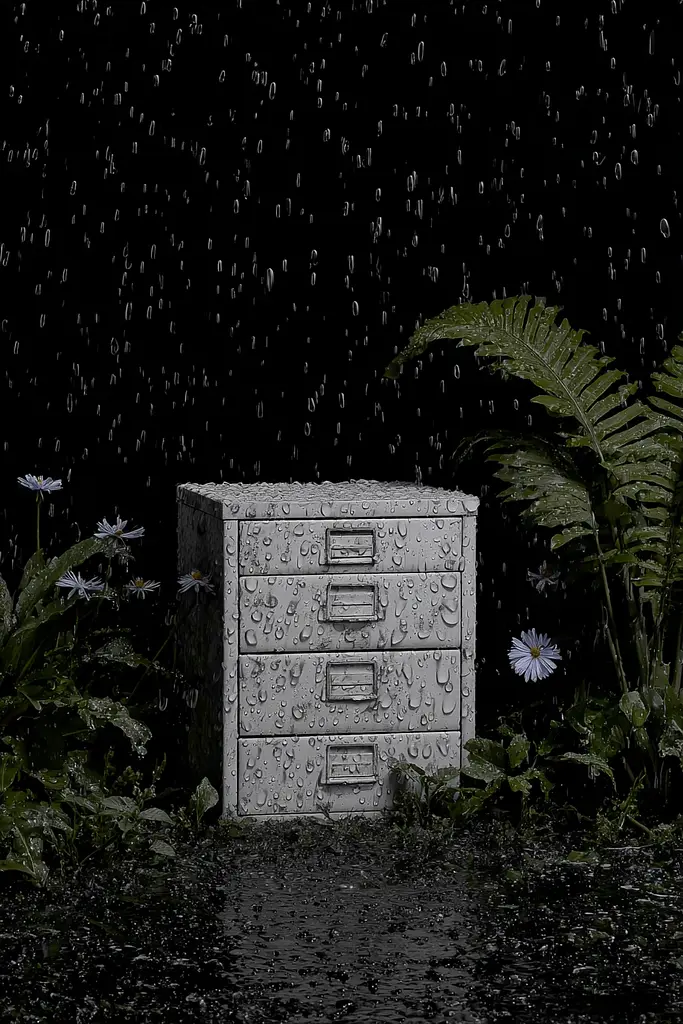 Midjourney generated image using SREF code Squelchloom: A filing cabinet sitting in the middle of a lush green field.